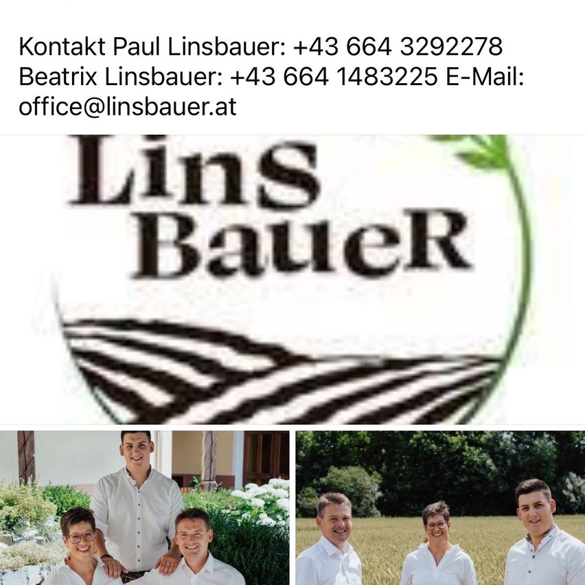 Eine Anzeige mit dem Namen 'Lins Bauer' und drei Personen. Die Kontaktdaten von Paul und Beatrix Linsbauer sind angegeben, ebenso wie ihre E-Mail. Das Foto zeigt zwei Paare in weißen Hemden, eines steht in einem Garten und das andere auf einem Feld.