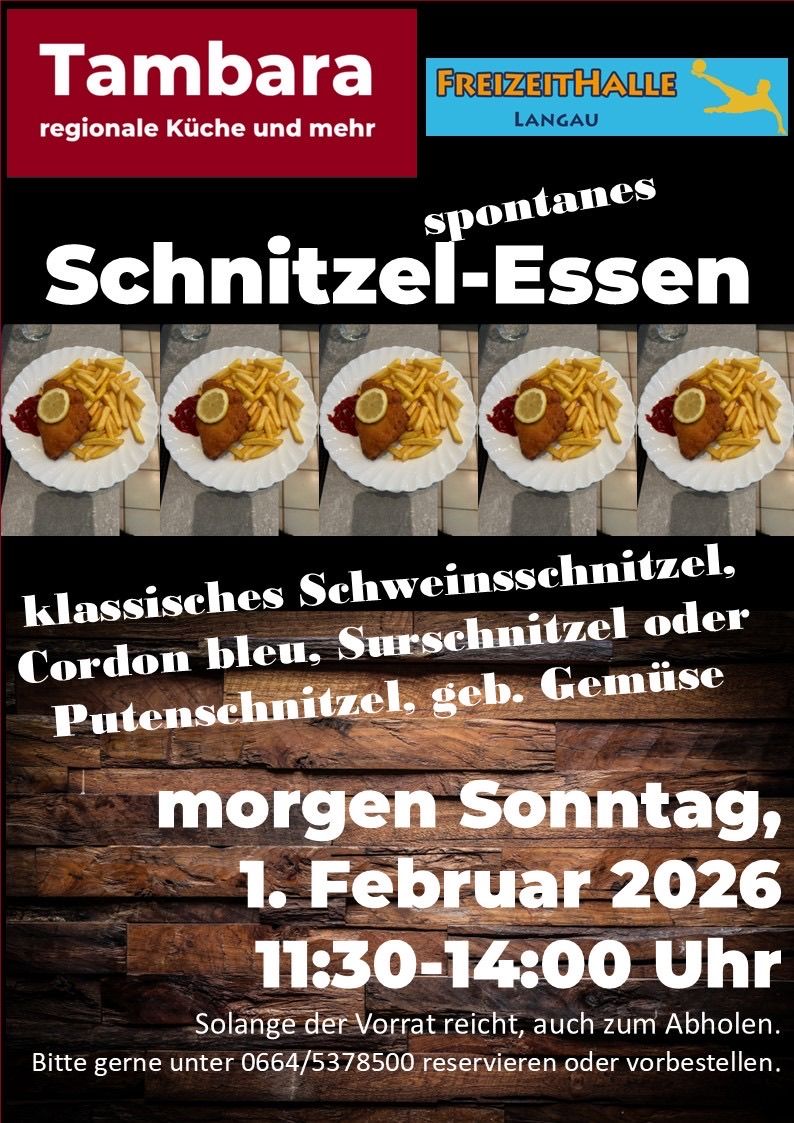 Ein Werbeplakat für Schnitzel-Essen. Mehrere Teller mit verschiedenen Schnitzelsorten, Pommes und Gemüse. Der Text ist in Deutsch.
