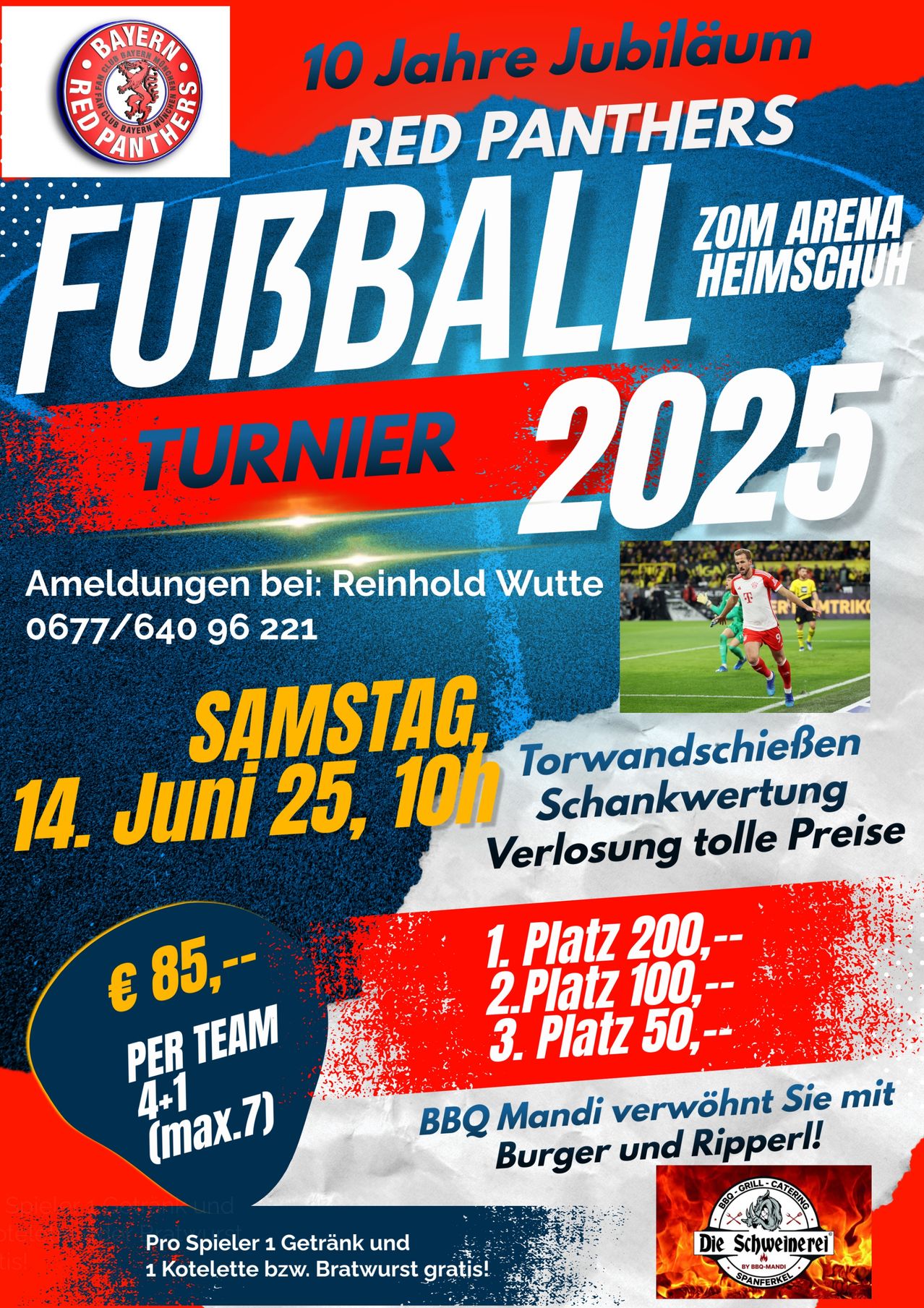 Plakat für ein Fußballturnier, 2025, mit einem Foto eines Fußballspiels, Teamanmeldedetails, Preisen und Kontaktinformationen.