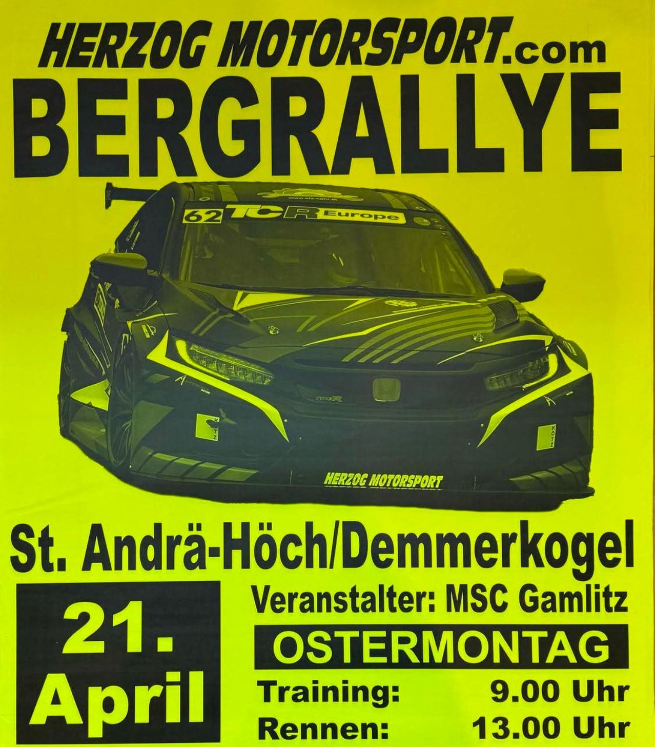 Plakat für Herzog Motorsport mit einem Bild eines schwarzen Autos auf gelbem Hintergrund. Das Auto hat die Nummer 62 und den Text TCR Europe. Das Datum ist der 21. April.