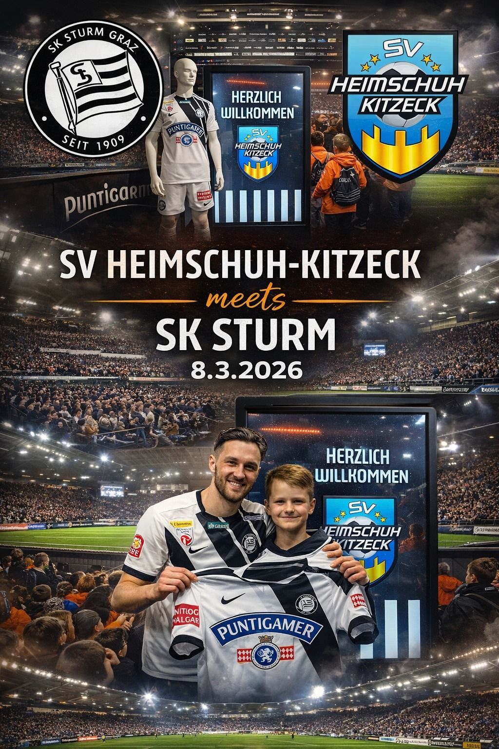 An image shows a soccer player and a young boy holding a jersey. The background includes a crowd, a soccer field, and a banner with the text 'SV Heimschuh-Kietzeck meets SK Sturm 8.3.2026'.