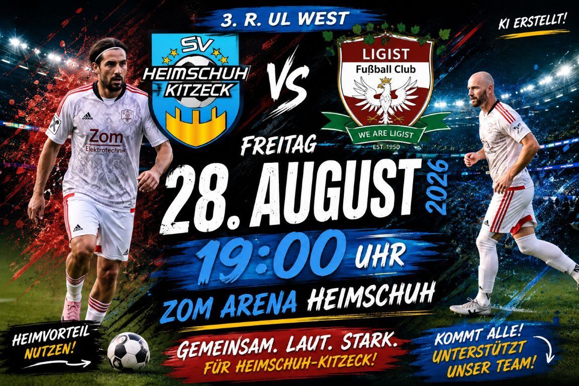Plakat für ein Fußballspiel zwischen SV Heimschuh Kitzeck und Ligist Fußball Club am 28. August 2026 um 19:00 Uhr. Spieler sind abgebildet, und das Plakat ermutigt Fans, zu kommen und zu unterstützen.
