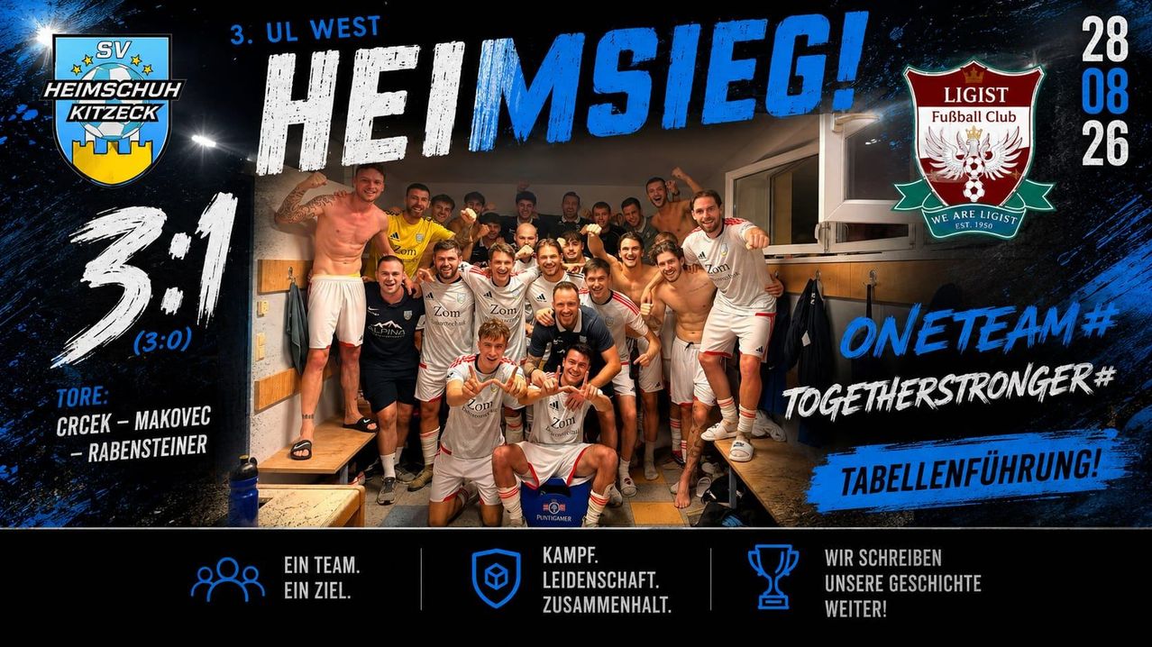 A group of soccer players celebrating a home victory, with the text 'Heimsieg!' and 'UL West' displayed prominently. The players are in a locker room, some standing on benches, others sitting, all in their uniforms.