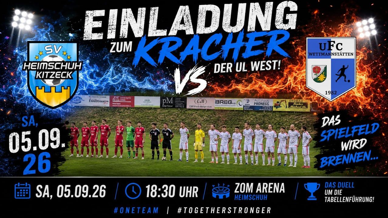A soccer team stands on a field with a banner above them that reads 'Einladung zum Kracher der UL West!' The players are wearing uniforms and the field is surrounded by a fence. The date and time of the match are displayed at the bottom.