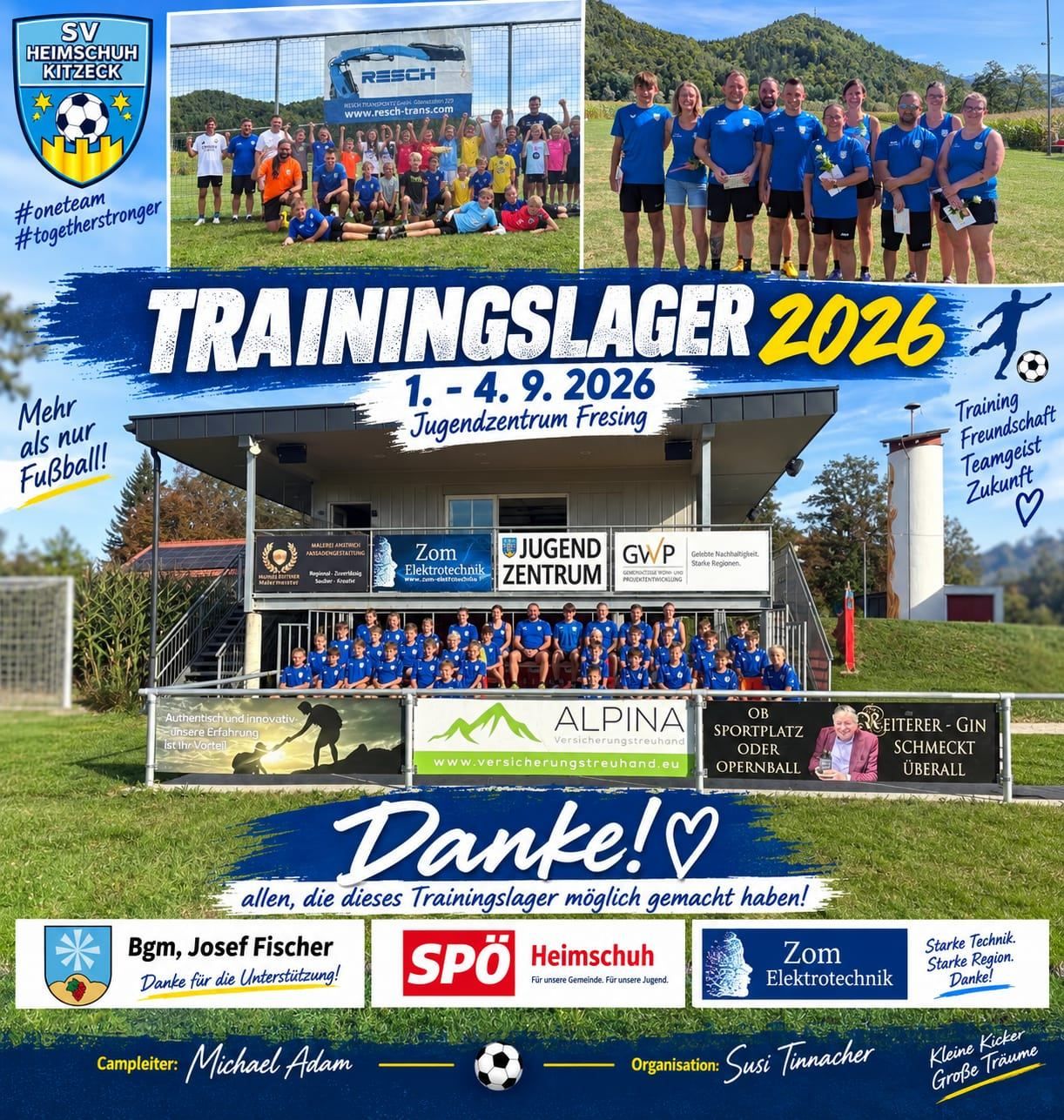 A collage of photos from a soccer training camp in 2026, featuring players in blue uniforms, a grassy field, and a building with banners. The text reads 'Trainingslager 2026' and 'Danke! Heart'. Sponsors and organizers are acknowledged.