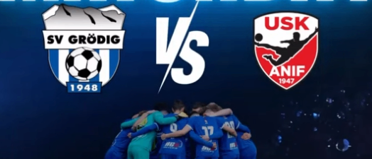 Plakat für ein Fußballspiel zwischen SV Grödig und USK Anif am 09.05.2026 um 16:00 Uhr. Ort: Prötschhofstraße 26, 5082 Grödig, Gartengestaltung Winkelhofer Stadion.