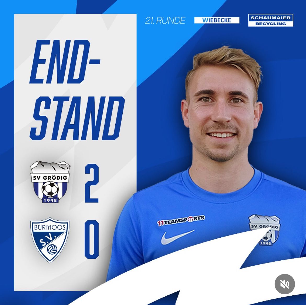 Ein Fußballspieler in einem blauen Trikot mit der Nummer 2 steht vor einem blau-weißen Hintergrund mit dem Text 'End-Stand'. Es gibt zwei Logos, eines mit einem Fußball und das andere mit einem Schild und dem Text 'SV Grodig 1948'.