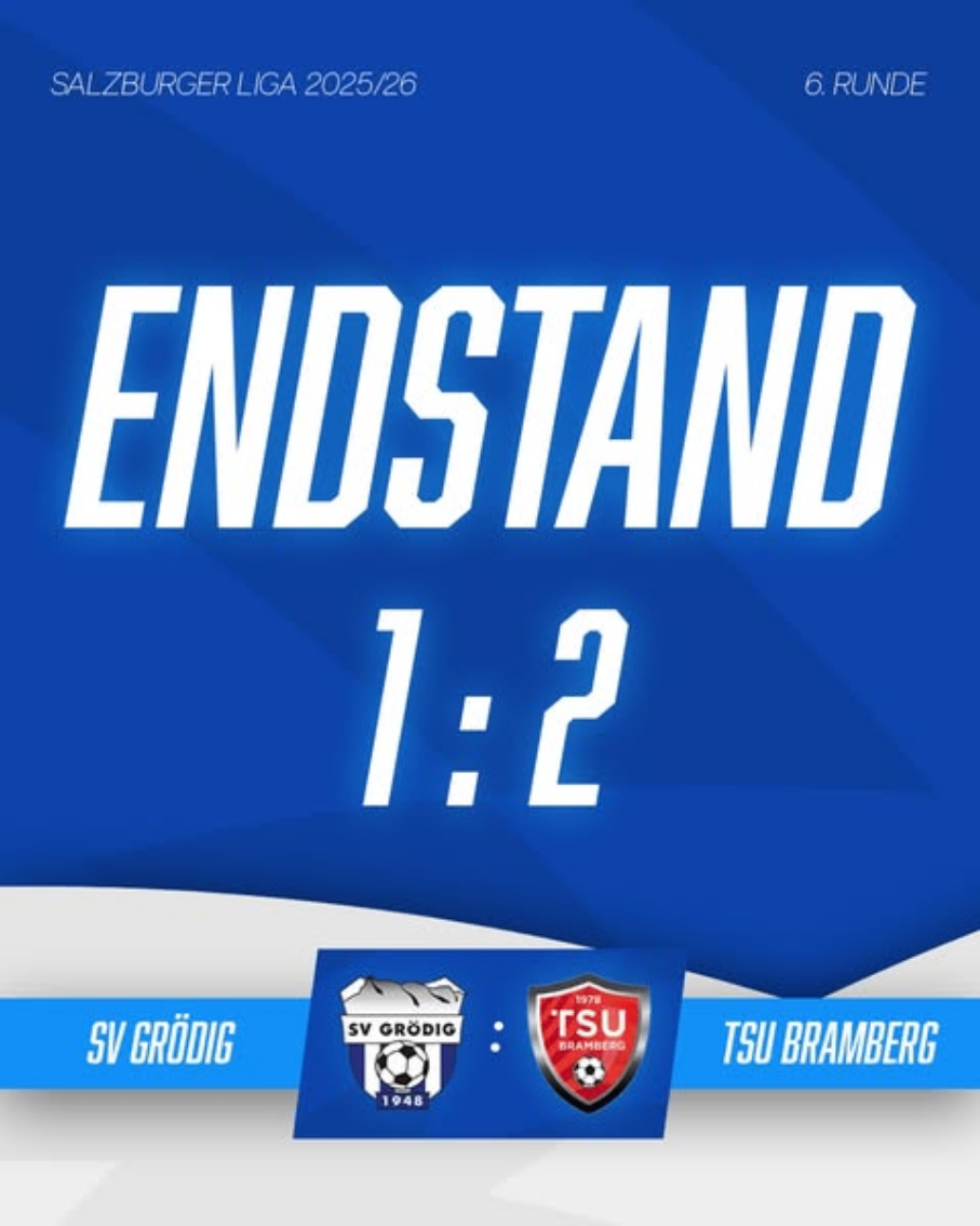 Blaue Banner zeigt 'ENDSTAND' mit einem Ergebnis von 1:2, mit Logos von SV Grödig und TSU Bramberg.