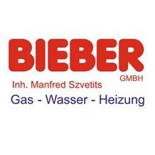 Das Logo von Bieber GmbH zeigt ein blaues Schneeflocken-Design mit dem Firmennamen in Rot und einem Slogan in fetter schwarzer Schrift. Das Unternehmen ist spezialisiert auf Gas-, Wasser- und Heizungsdienstleistungen.