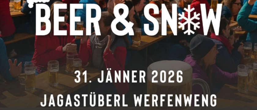 Eine verschneite Berglandschaft mit einem Holzchalet. Menschen sitzen an Tischen und genießen Bier. Der Text 'Bier & Schnee' und das Datum '31. Januar 2026' sind zu sehen.