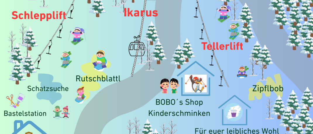 Karte eines Skigebiets mit Schlepplift, Ikarus, Tellerlift, Rutschblattl, Schatzsuche, Bastelstation und Barbarahof. Kinder beim Skifahren und Spielen. Geplante Aktivitäten sind Kinderschminken und Dorfbahn. Datum: 8. März 2026, ab 10:00 Uhr.