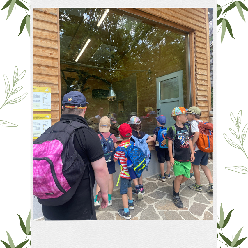 Eine Gruppe von Kindern und einem Mann stehen vor einem Gebäude mit Glasfenstern. Der Mann trägt einen Hut und einen Rucksack. Die Kinder tragen Hüte und Rucksäcke und schauen in das Gebäude hinein.