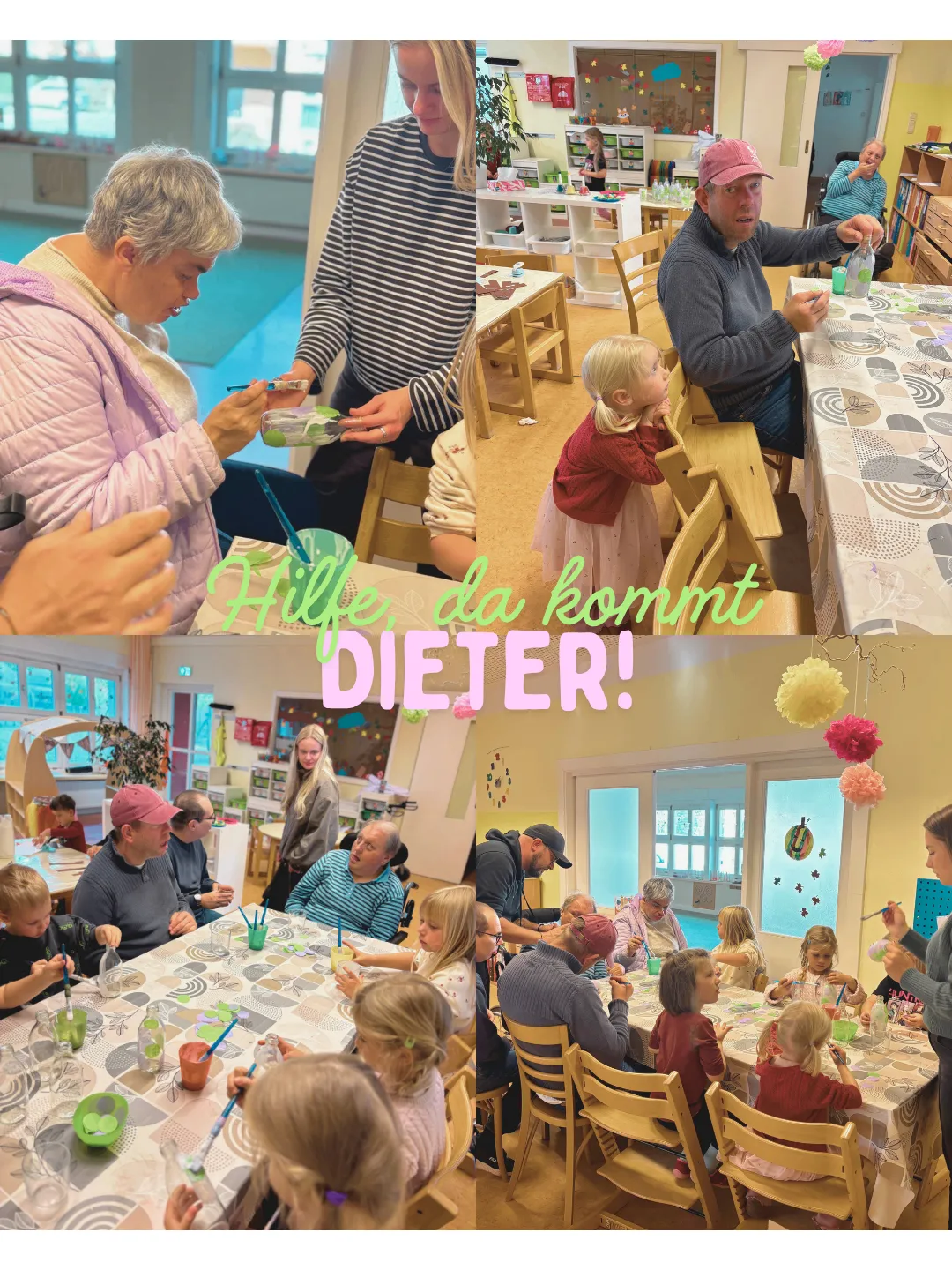 Eine Gruppe von Menschen versammelt sich in einem Raum, einige sitzen an Tischen und andere stehen. Sie sind in einer Aktivität verwickelt, möglicherweise Malen oder Basteln. Der Raum ist mit bunten Papieren und Luftballons dekoriert.
