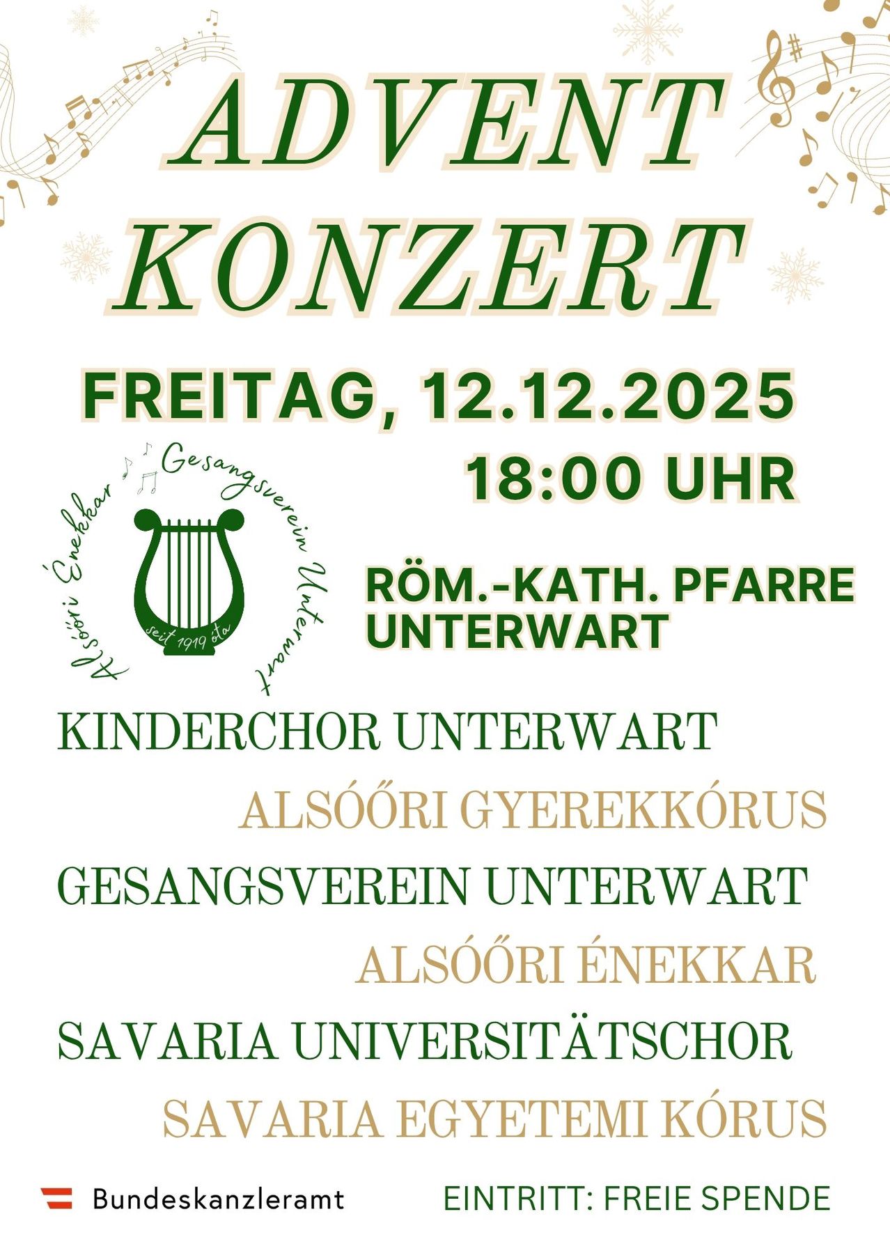 Ein Plakat für ein Konzert am Freitag, 12. Dezember 2025, um 18:00 Uhr. Es zeigt den Unterwart Chor, Gyerekkör, Enekka und den Universitätschor Savaria.