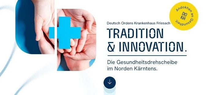 Poster mit Händen, die ein Kreuzsymbol halten. Der Text lautet Tradition & Innovation, mit einem Untertitel vom Gesundheitsrat in Nordkärnten.