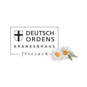 Logo für Deutsch Ordens Krankenhaus Friesach mit einem Kreuz, weißen Blumen und grünen Blättern auf weißem Hintergrund.