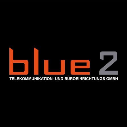 Das blue2-Logo zeigt ein stilisiertes 'blue' mit der Nummer '2' dahinter, vor schwarzem Hintergrund. Unten steht der Firmenname 'Telekommunikation- und Büroeinrichtungs GmbH' in weiß.
