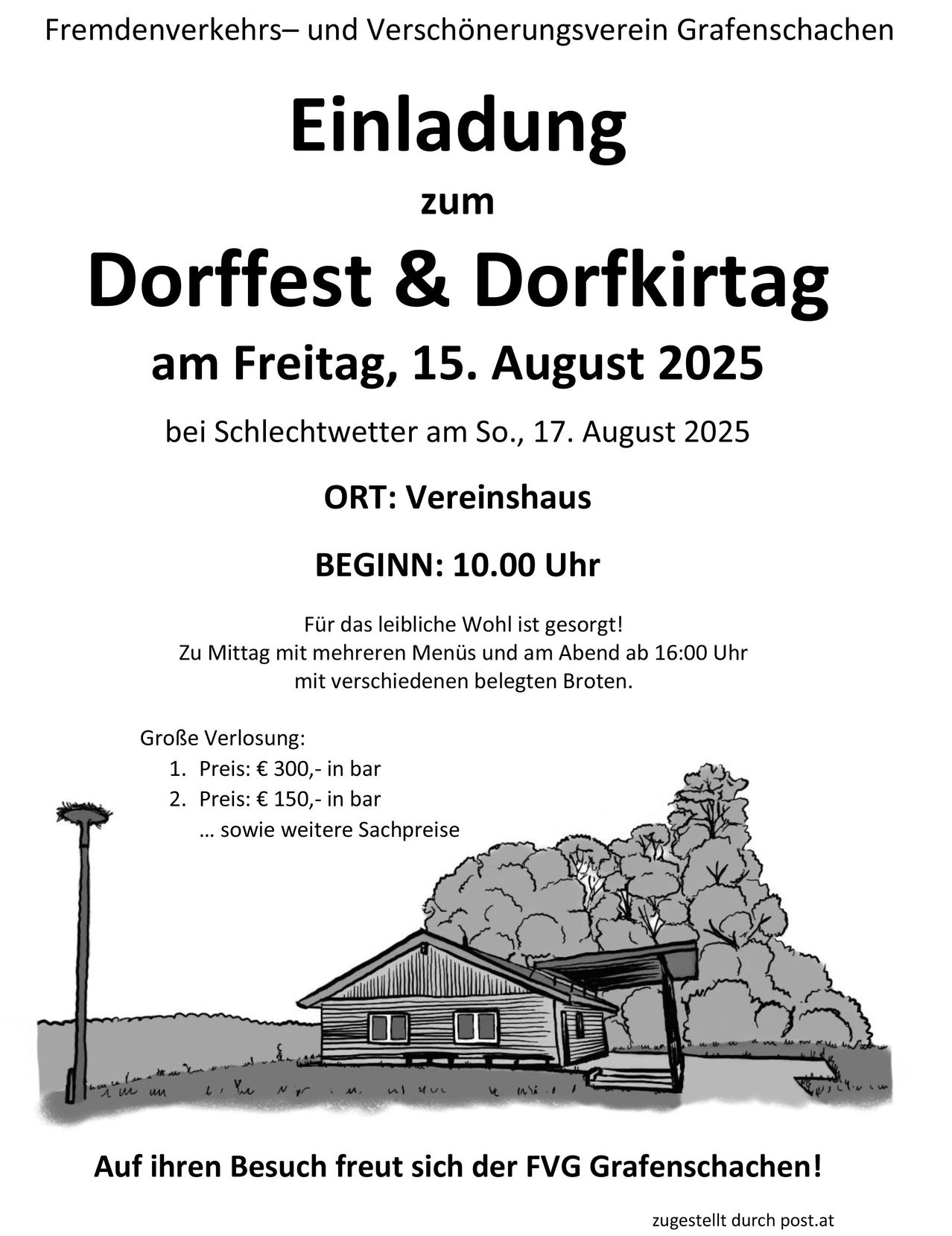 Plakat für ein Dorffest und Dorfkirtag am Freitag, 15. August 2025, in Schlechwetter. Bei schlechtem Wetter am Samstag, 17. August 2025, im Vereinshaus. Beginn 10:00 Uhr. Mittags und ab 16:00 Uhr mit verschiedenen Broten. Preise: 300 € für einen Preis, 150 € für einen anderen und weitere Artikelpreise. Illustration eines Hauses und Bäume.