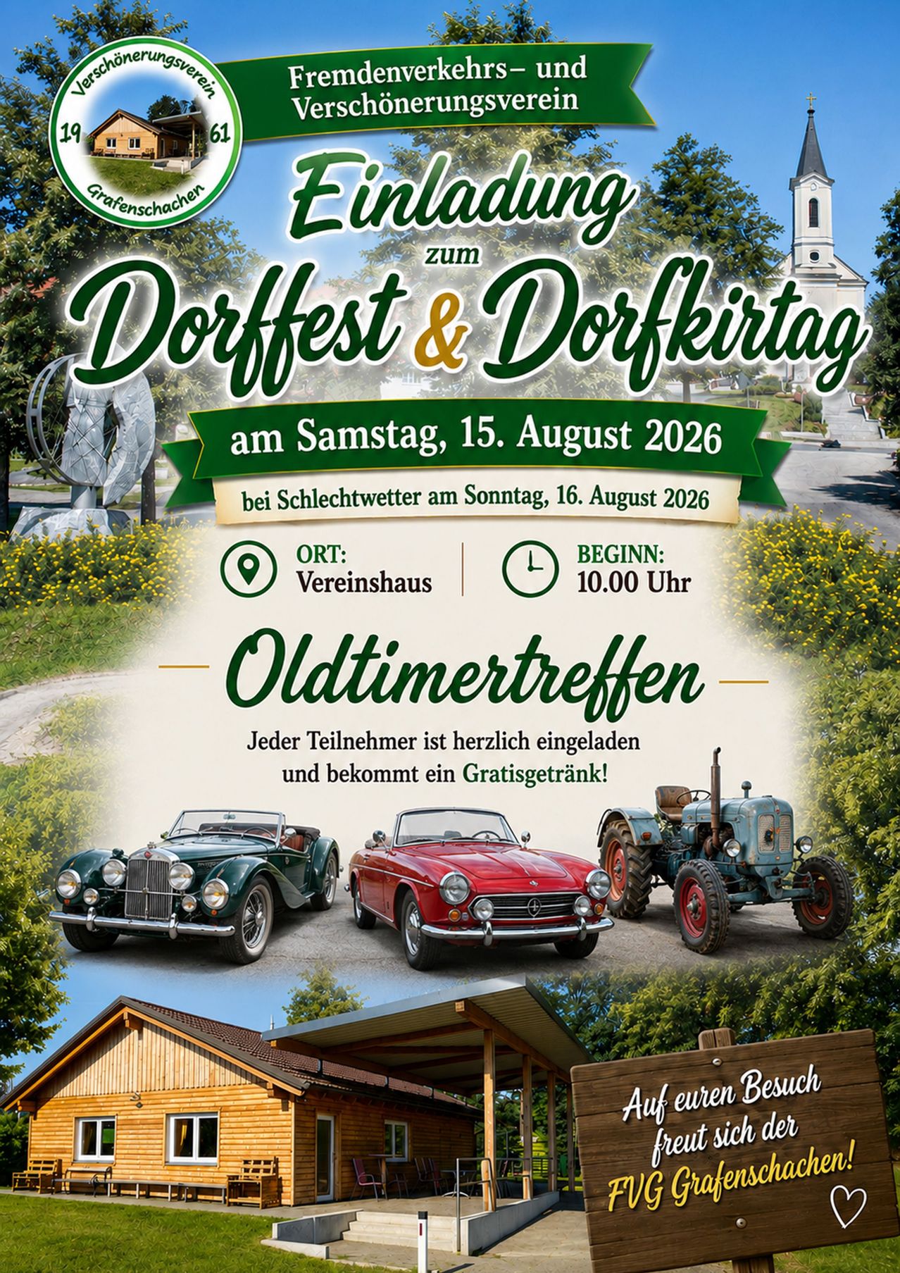 Plakat für Dorffest & Dorfkirtag Veranstaltung am 15. August 2026, mit Oldtimern und Traktoren vor einer malerischen Kulisse.