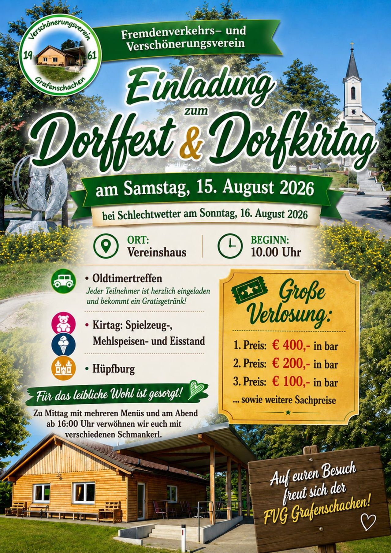 Plakat für Dorffest & Dorfkirtag Veranstaltung am 15. August 2026 mit Informationen zu Ort, Beginn und Aktivitäten.
