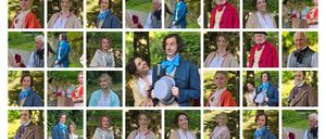 Eine Collage aus 36 Porträts von Personen in historischer Kleidung, möglicherweise aus einer Theaterproduktion, in einem Rastermuster angeordnet.