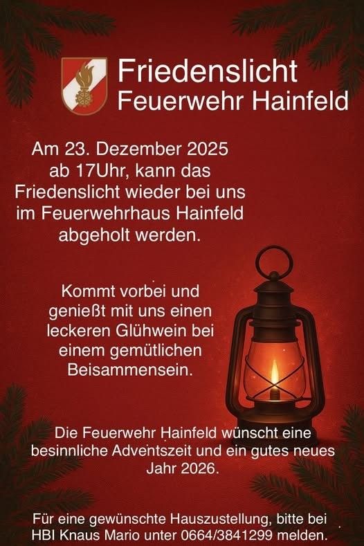 Plakat für Friedenslicht Feuerwehr Hainfeld. Datum und Uhrzeit der Veranstaltung, Wunsch für eine besinnliche Adventszeit und ein gutes neues Jahr 2026.