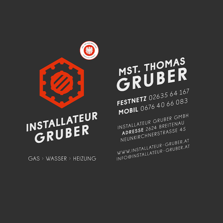 Visitenkarte von MSt. Thomas Gruber, Installateur. Enthält Kontaktdaten und Website.