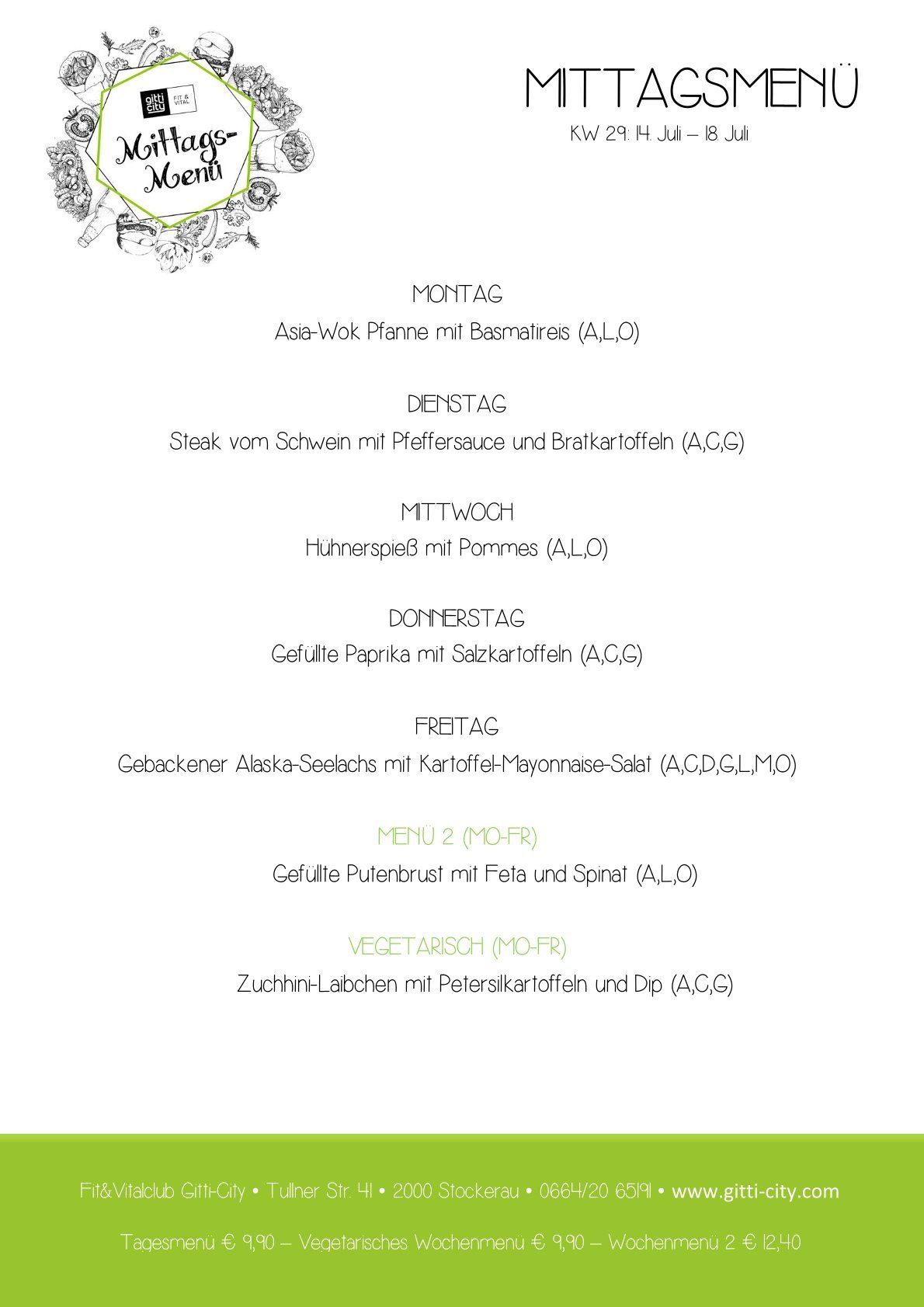 Ein Menükarten eines Restaurants mit Gerichten für Montag bis Freitag. Jedes Gericht hat seine Zutaten und Ernährungseinschränkungen angegeben.