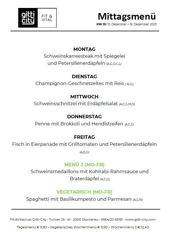 Wöchentliches Mittagsmenü vom 15. bis 19. Dezember 2025. Montag: Schweinekarree mit Kartoffeln und Petersilie. Dienstag: Champignon-Gewürzteltes mit Reis. Mittwoch: Schweineschnitzel mit Kartoffelsalat. Donnerstag: Penne mit Brokkoli und Putenbrust. Freitag: Fisch in Eierpanade mit Tomaten und Petersilie. Montag bis Freitag: Schweinemedaillons mit Kohlrabi-Rahmsauce, vegetarische Option mit Pesto und Parmesan.