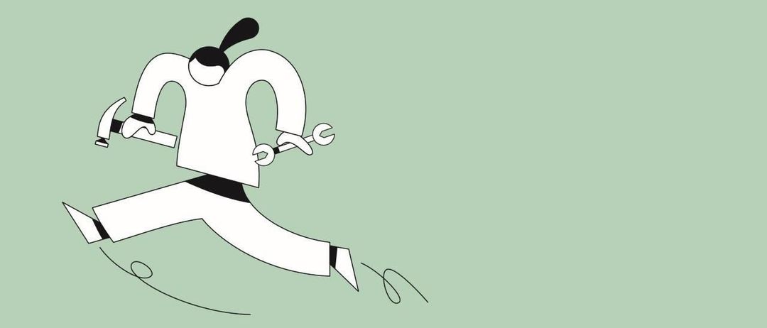 Eine Illustration einer Person, die mit einem Schraubenschlüssel in der Hand läuft, gekleidet in einem weißen Outfit mit einem schwarzen Gürtel.