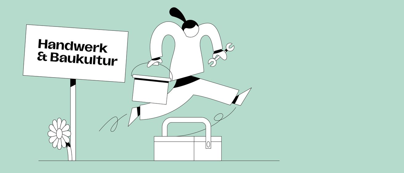 Eine Illustration einer Person, die mit einer Werkzeugkiste und einer Schraube in der Hand läuft und über eine Werkzeugkiste auf dem Boden springt.