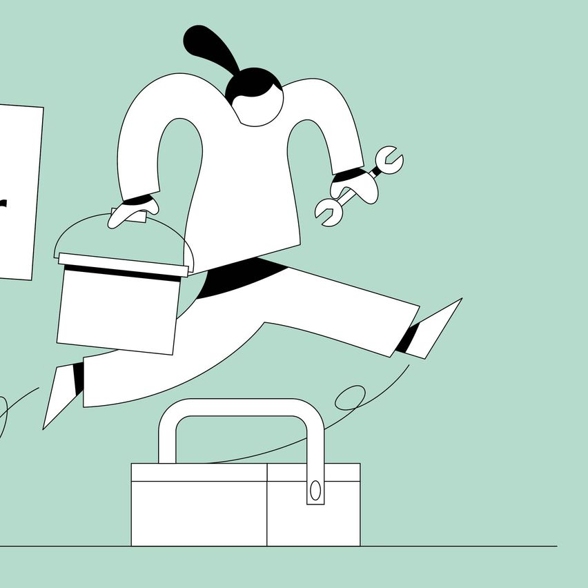 Eine Illustration einer Person, die mit einer Werkzeugkiste und einer Schraube in der Hand läuft und über eine Werkzeugkiste auf dem Boden springt.