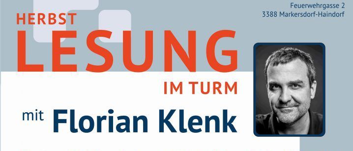 An advertisement for a reading event titled Herbst Lesung im Turm with Florian Klenk on Sat, Nov 22, 2025 at 19:00. The event will feature Florian Klenk reading from his book Über Leben und Tod.
