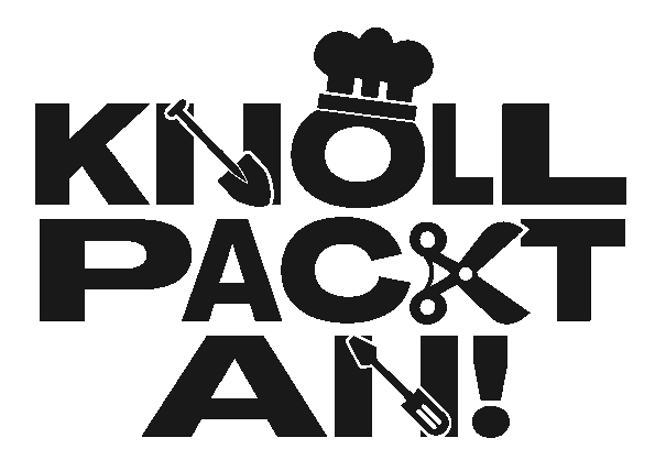 Schwarz-weißes Bild mit dem Text 'KNOLL PACKT AN!' und verschiedenen Werkzeugen wie Schaufel, Kochmütze und Schraubendreher.
