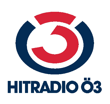 Das Logo von Hitradio O3 ist auf schwarzem Hintergrund dargestellt. Das Logo zeigt eine stilisierte Zahl '5' in Rot und Blau, umgeben von einem blauen Kreis. Darunter steht in weißer Schrift 'HITRADIOO3'.