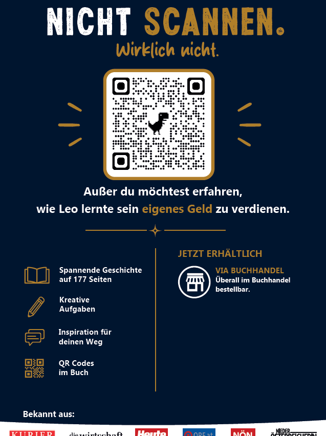 A book cover with a QR code, a small chicken, and text about learning to earn money. The book offers a gripping story, creative tasks, inspiration, and QR codes. Available in bookstores.