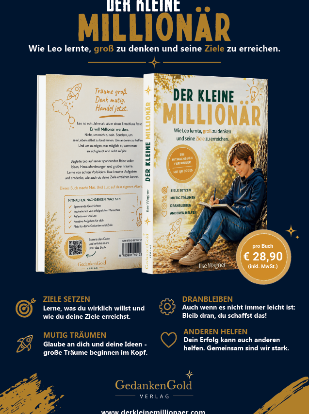 An advertisement for a book titled 'Der Kleine Millionar' featuring a boy sitting on a tree trunk with a book and pen, a QR code, and a price tag of 28.90 euros.