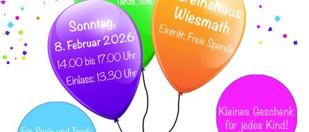 Plakat für Kindermaskenball-Veranstaltung am 8. Februar 2026 von 14 Uhr bis 17 Uhr. Beinhaltet ein kostenloses Geschenk für jedes Kind, veranstaltet vom Vereinshaus Wiesmath. Aktivitäten umfassen Überraschungsgäste, Fotobox, Spiele und Tanz.