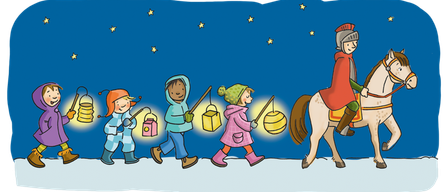 Eine Illustration von Kindern in Wintermänteln mit Laternen, die in einer Reihe mit einem Ritter auf einem Pferd im Schnee gehen.