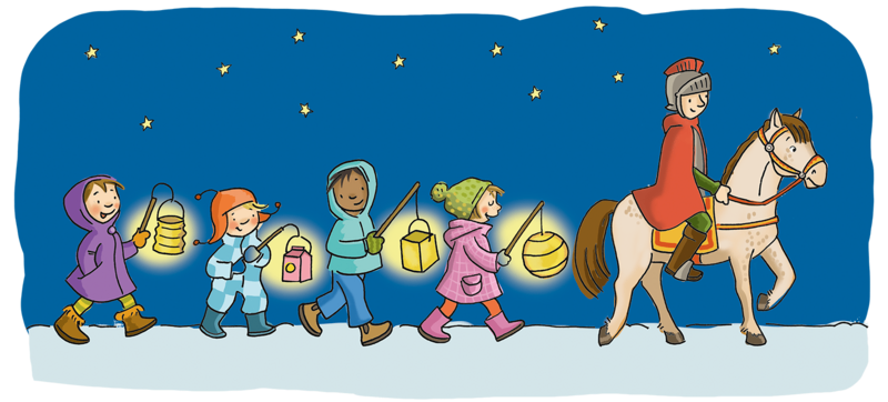 Eine Illustration von Kindern in Wintermänteln mit Laternen, die in einer Reihe mit einem Ritter auf einem Pferd im Schnee gehen.