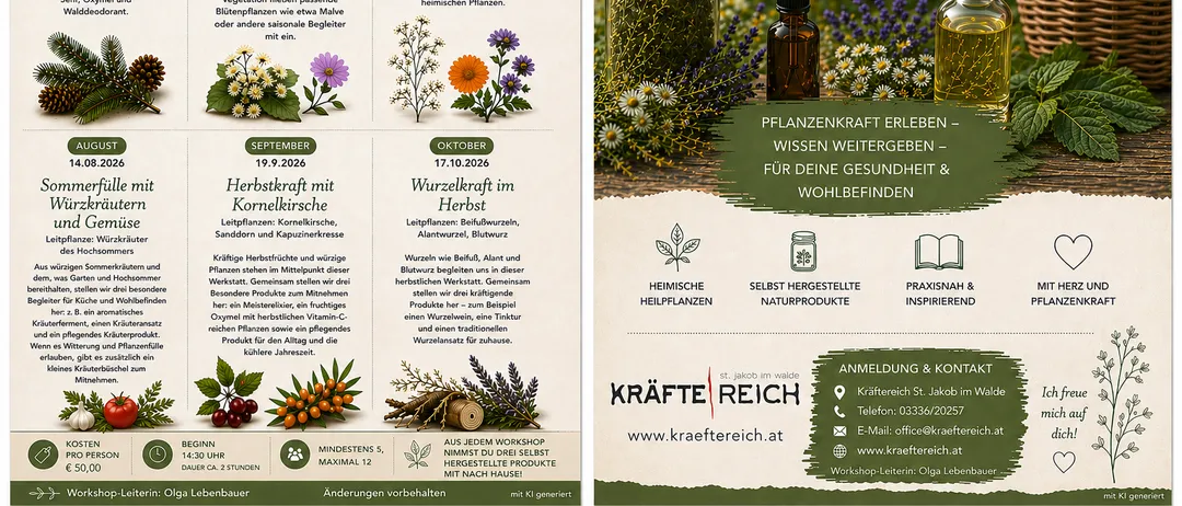 Ein Plakat, das eine Reihe von Kräuterworkshops im Laufe des Jahres ankündigt, mit Bildern von Kräutern und Gläsern mit Kräuterprodukten. Die Workshops behandeln Themen wie die Blütezeit von Linde und Malve sowie die Kräuterkraft von Herbstkräutern wie Kornelkirsche und Walnuss.