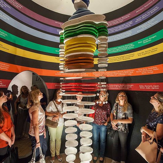 Eine Gruppe von Frauen betrachtet eine Kunstinstallation aus bunten Tellern. Das kreisförmige Kunstwerk ist von einer schwarzen Wand mit einem Spektrum von Farben und deutschem Text umgeben.