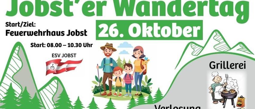 Ein Werbeplakat für eine Familienwanderung am 26. Oktober. Es zeigt eine Flagge, eine Familie mit Kindern und einen Koch.