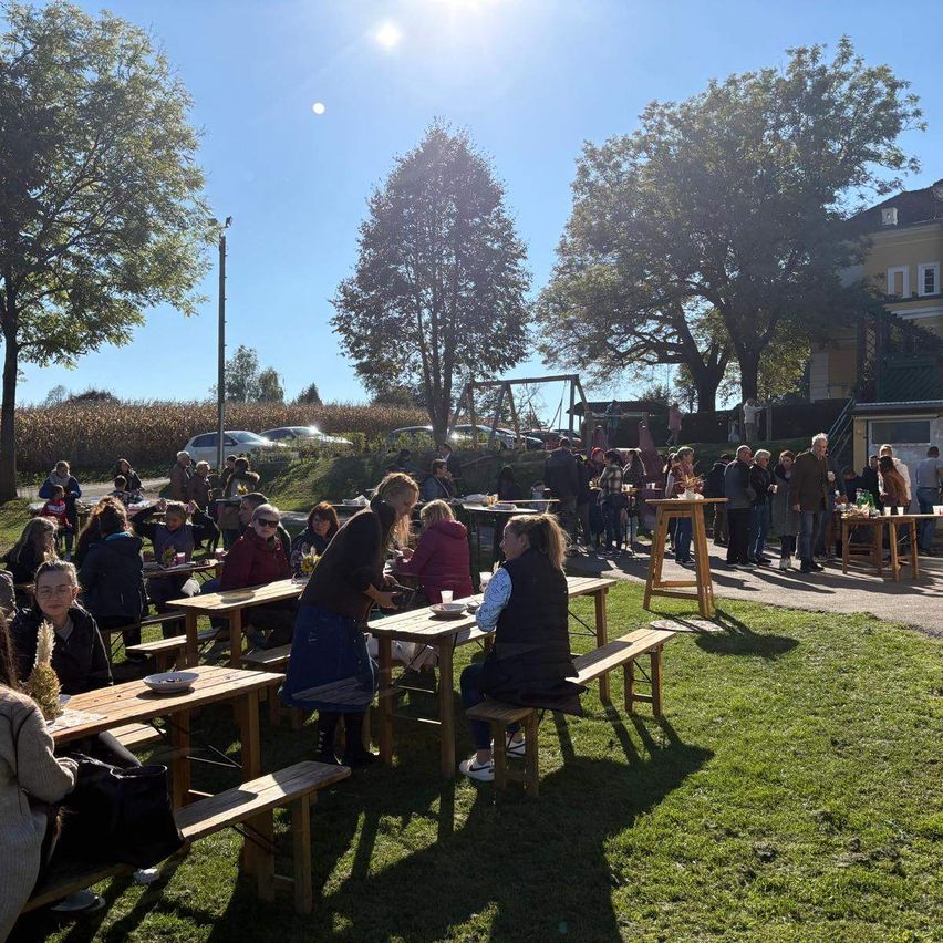 An einem sonnigen Tag versammeln sich viele Menschen in einem Außenbereich mit Holztischen und Bänken, wahrscheinlich für ein Picknick. Bäume und ein Gebäude sind im Hintergrund.