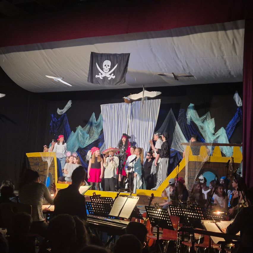 Eine Gruppe von Menschen tritt mit Musikinstrumenten auf der Bühne auf. Einige sind in Piratenkostümen und es hängt eine Piratenflagge über ihnen.