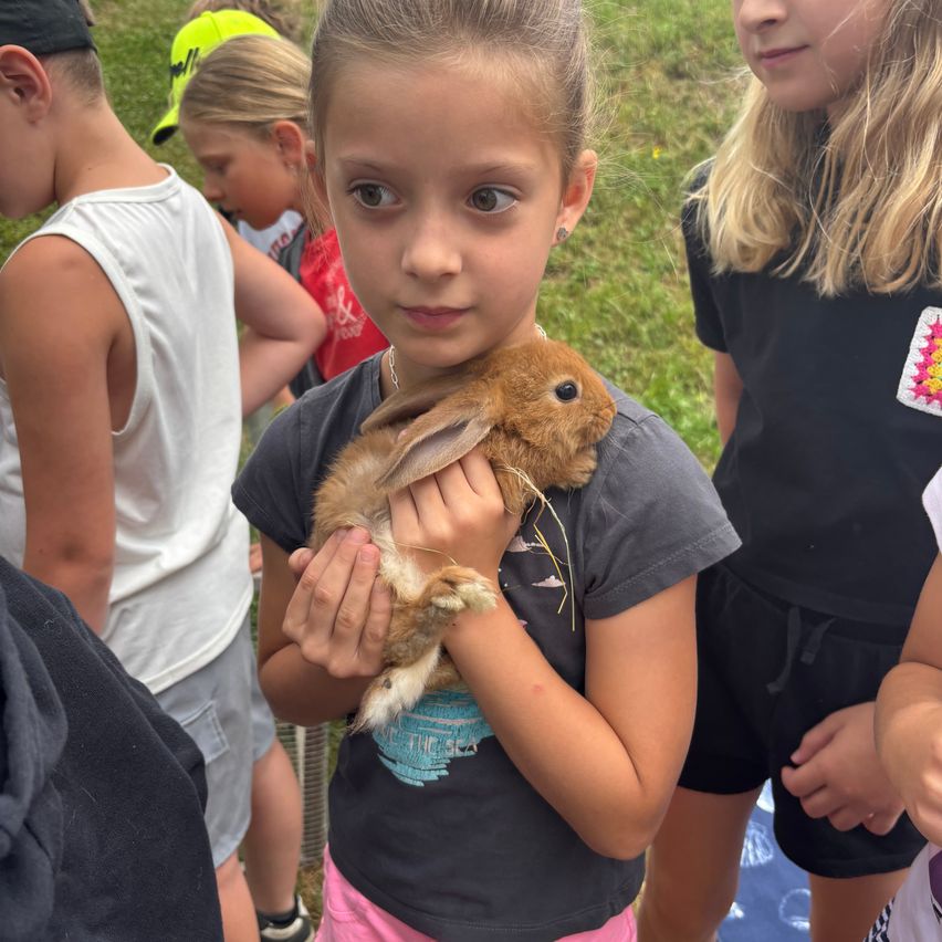 Ein junges Mädchen hält einen braunen Hasen in den Händen und steht zwischen anderen Kindern auf einer Rasenfläche.