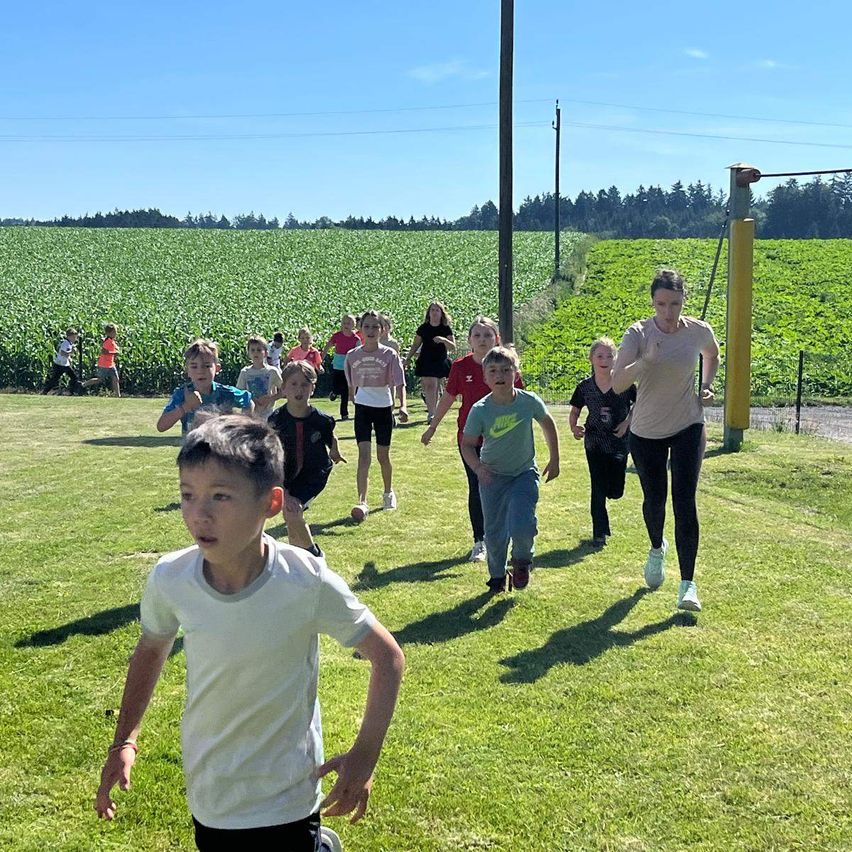 Eine Gruppe von Kindern und Erwachsenen läuft auf einem Grasfeld, möglicherweise an einem Rennen teilnehmend. Das Feld ist von einem Maisfeld umgeben.