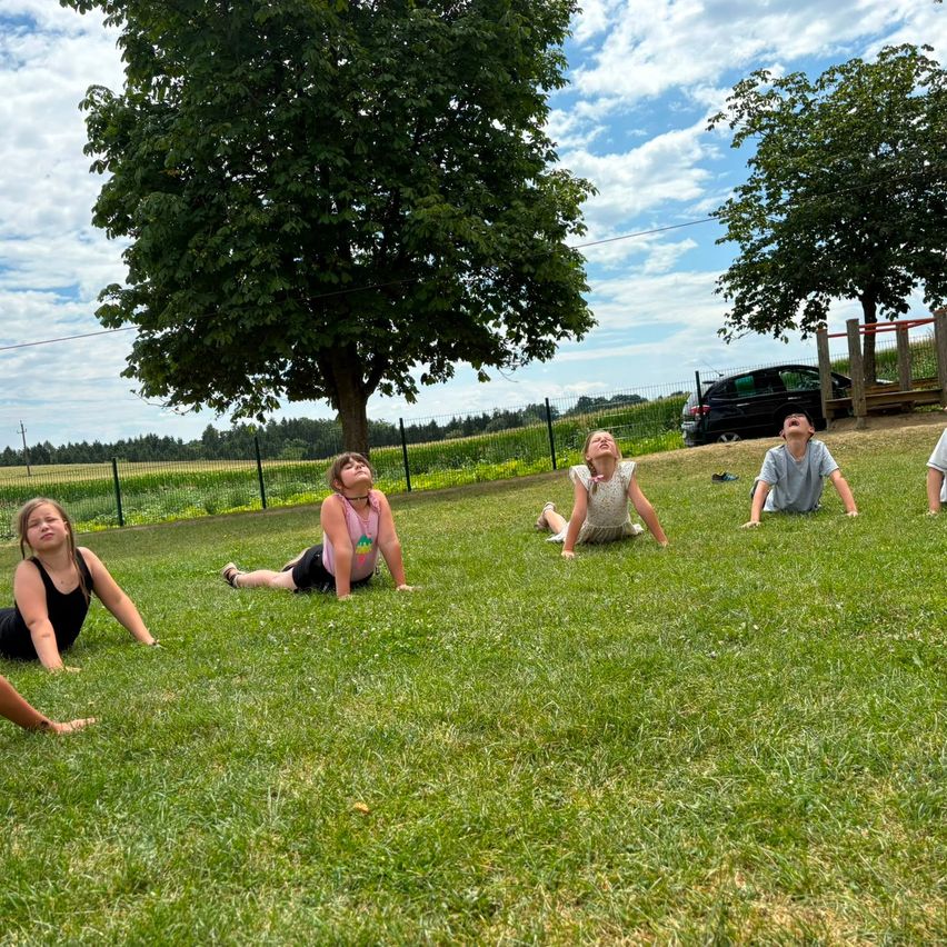 Fünf Kinder liegen auf einem Grasfeld und schauen zum Himmel. Sie sind von Bäumen und einem Zaun umgeben. Ein Auto ist in der Nähe geparkt.