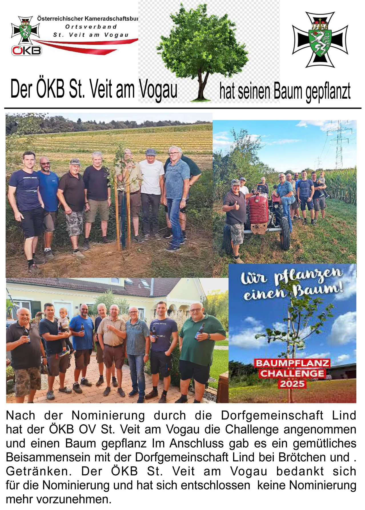 Mehrere Fotos zeigen Menschen bei der Baumpflanzung, einen Mann mit einem roten Traktor und eine Gruppe von Männern mit Bier. Die Baumpflanzung ist Teil der Baumpflanz Challenge 2025.
