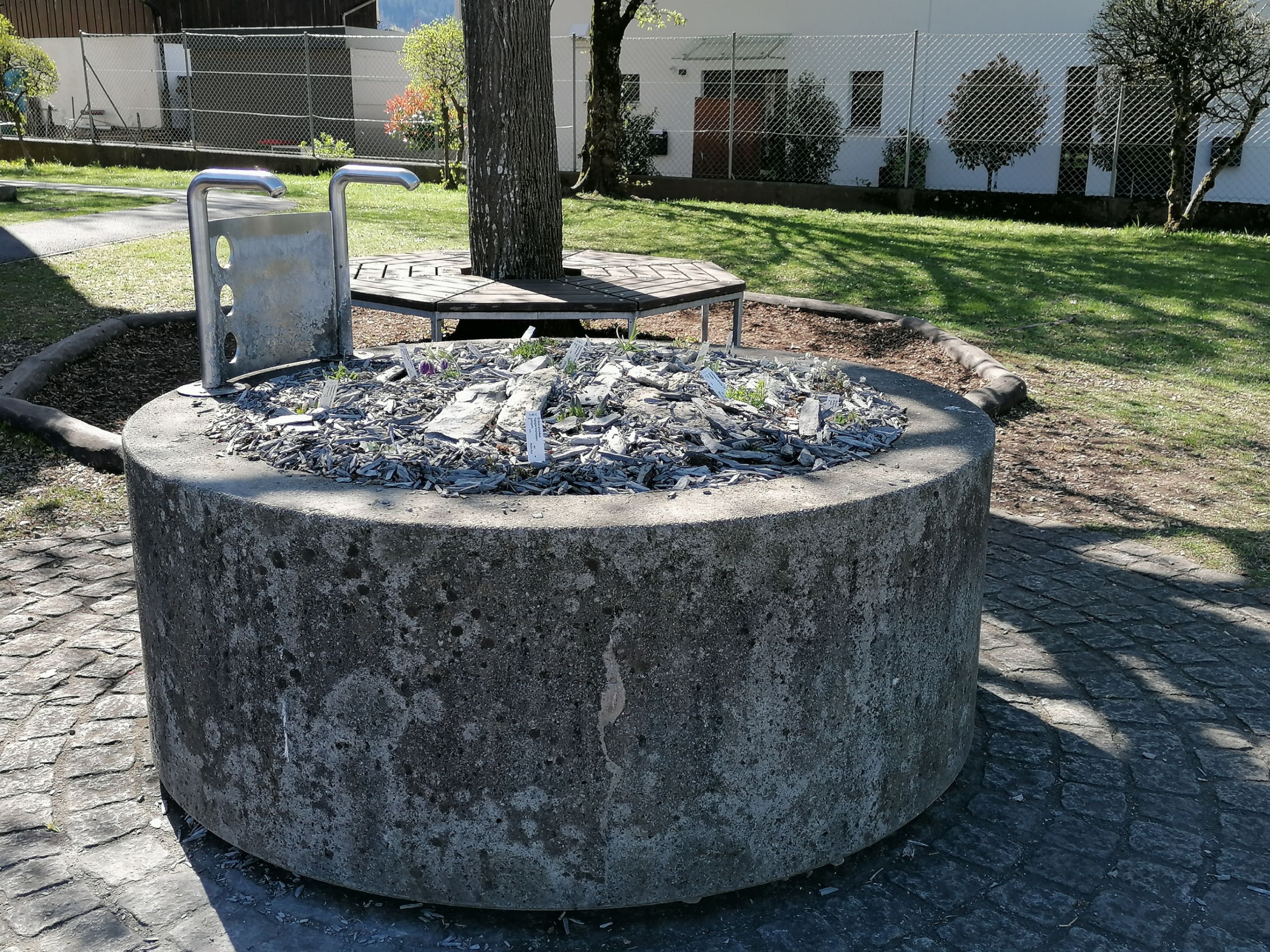 Ein großer Betonpflanzer mit verstreuten Holz- und Metallstücken in der Nähe eines Baumes in einem Park, umgeben von einem gepflasterten Bereich.